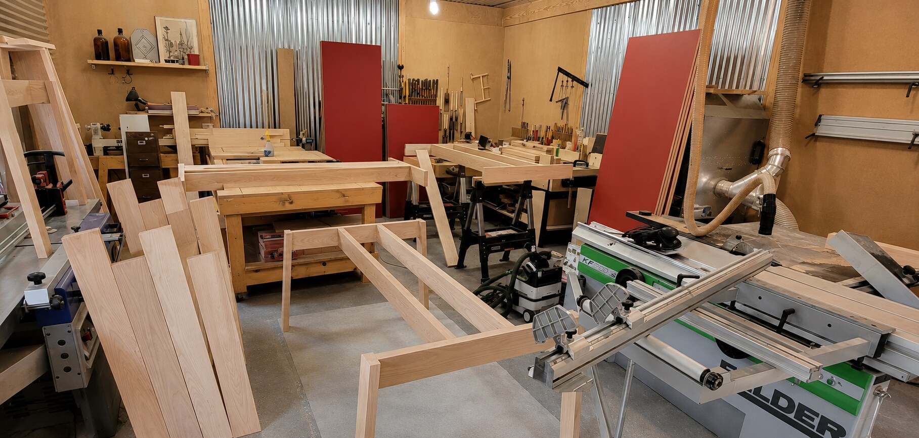 Solid wood components, workbenches, and machinery in the Joseph A. Kurtz workshop