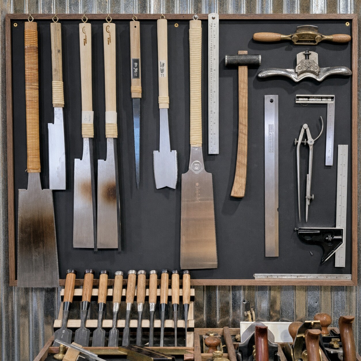 Hand saws, chisels, planes, and measuring tools arranged on the workshop tool wall