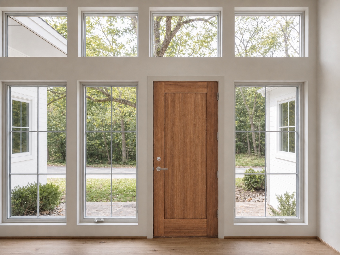 Sapele mahogany door centered within a wall of windows