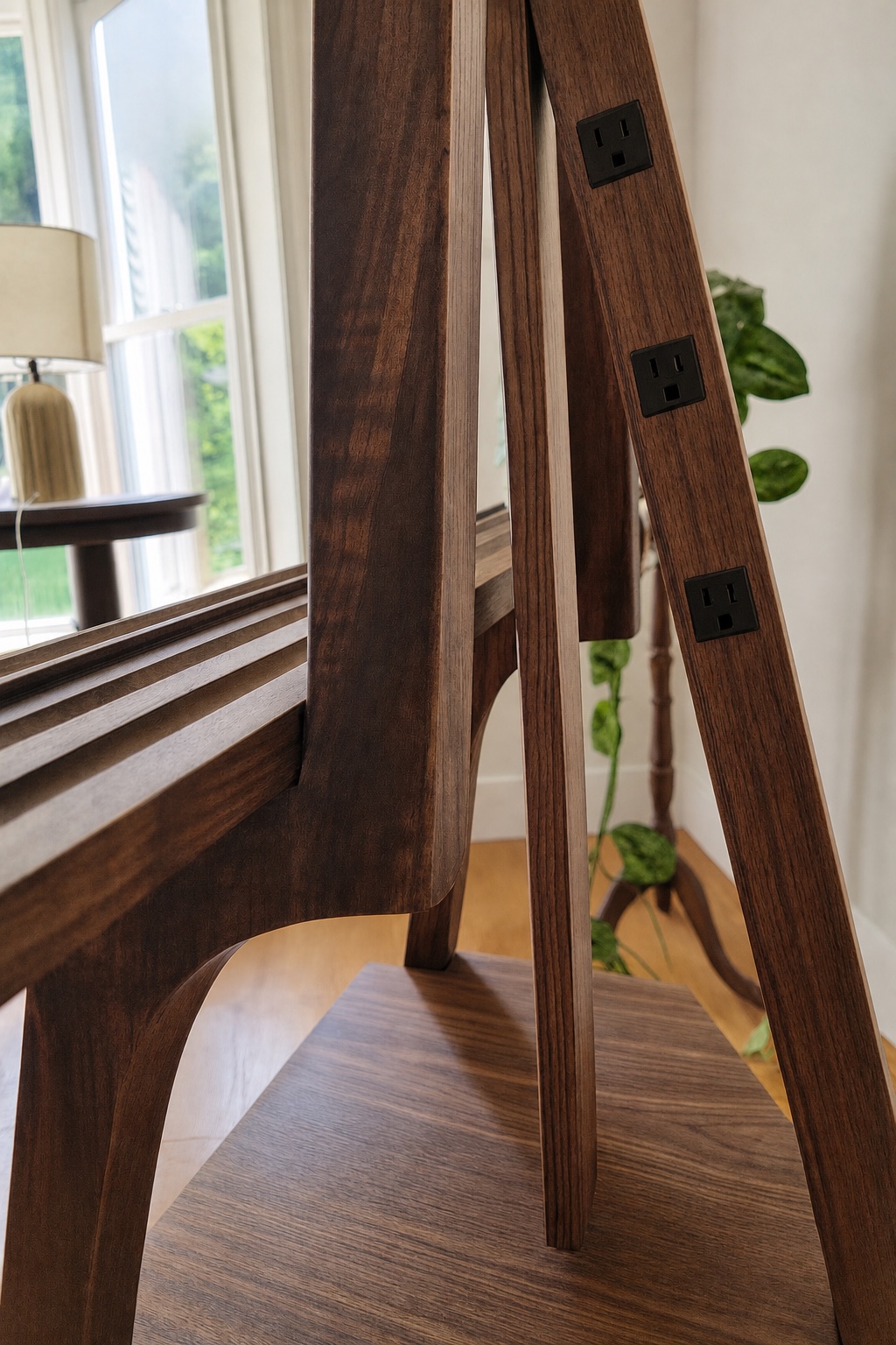 Walnut easel joinery and integrated power detail