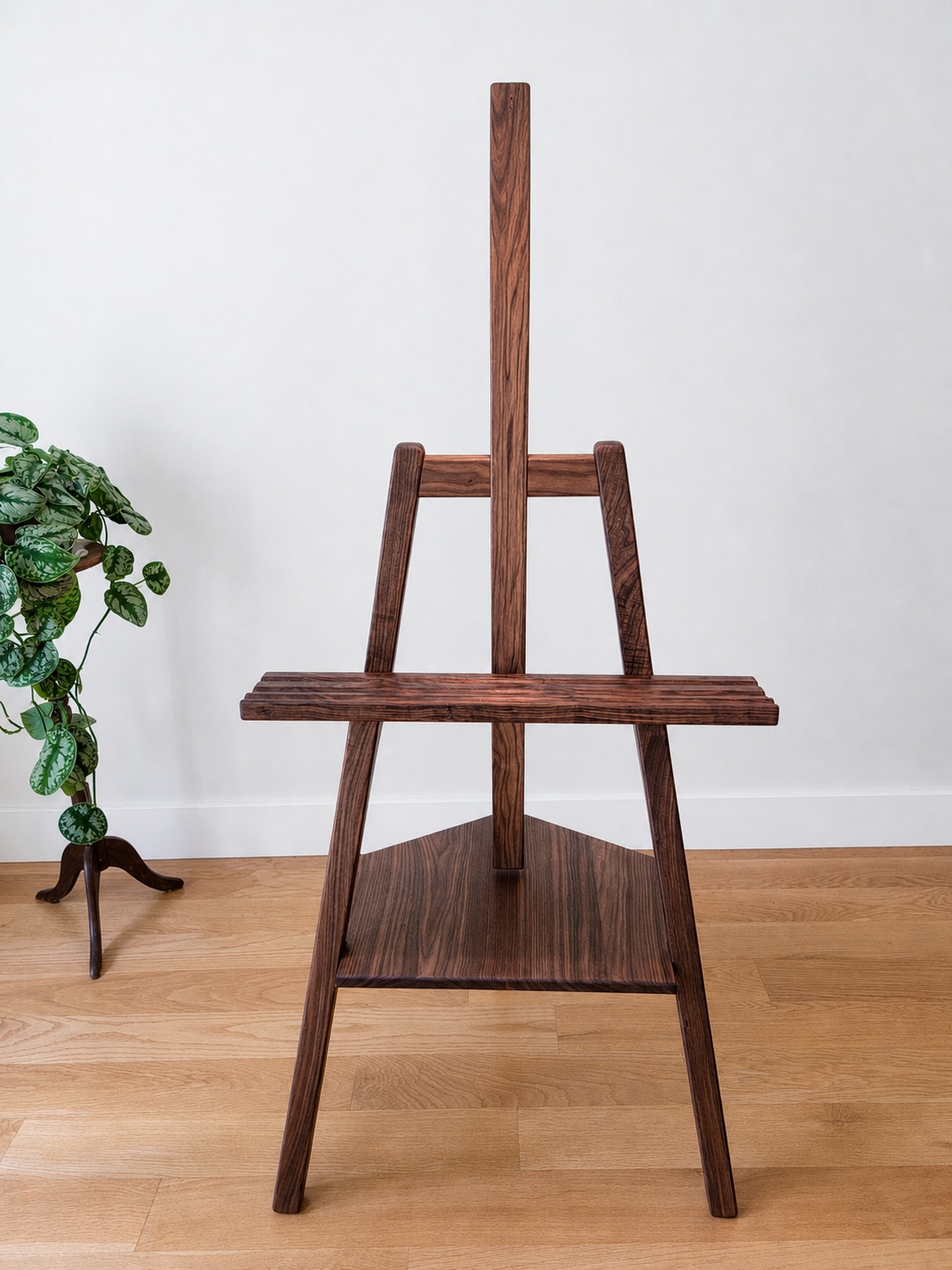 Full frontal view of a custom walnut easel