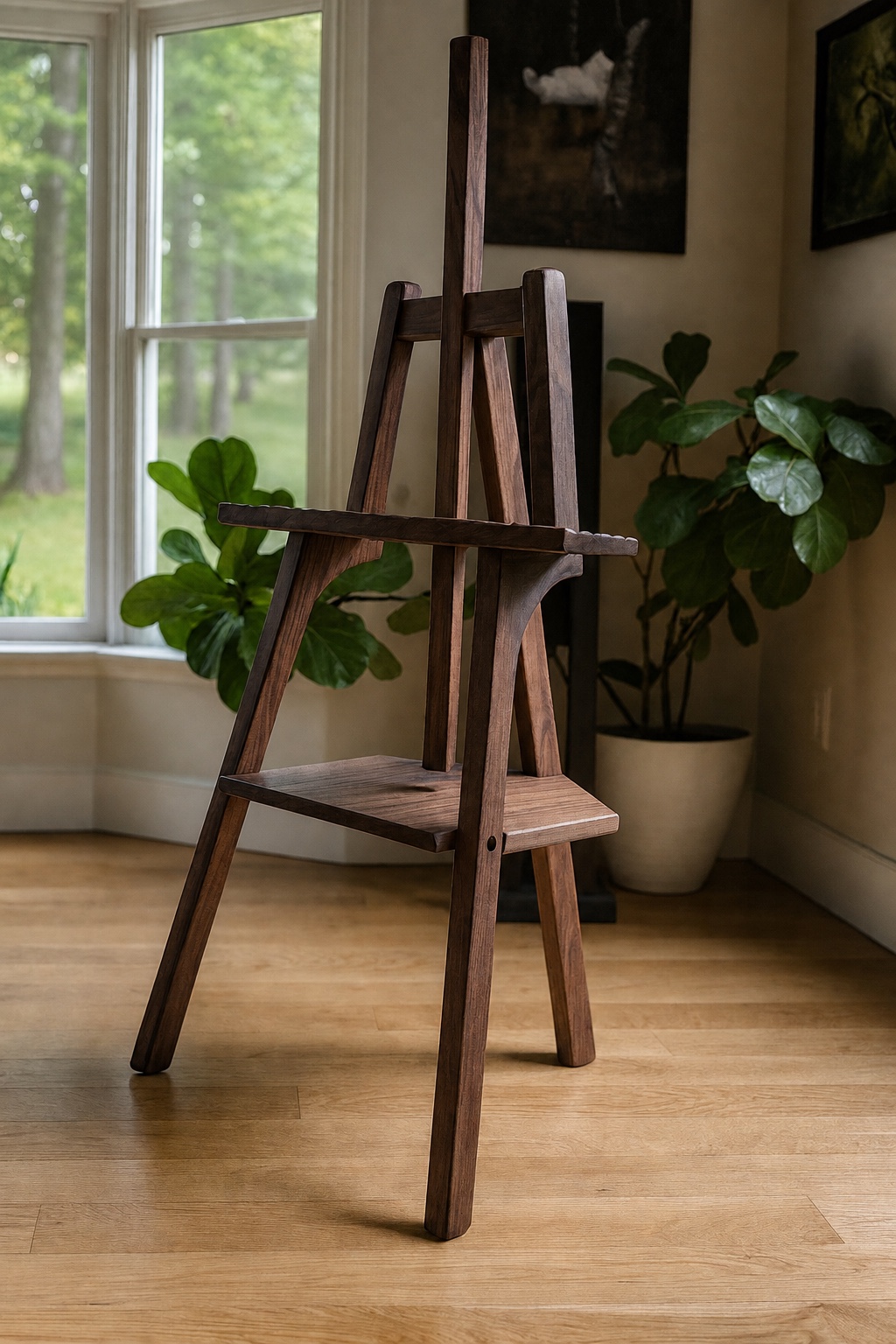 Custom walnut easel in a light-filled interior