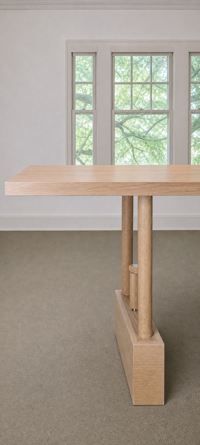 Vertical view of the natural TableRaise table and its adjustment base