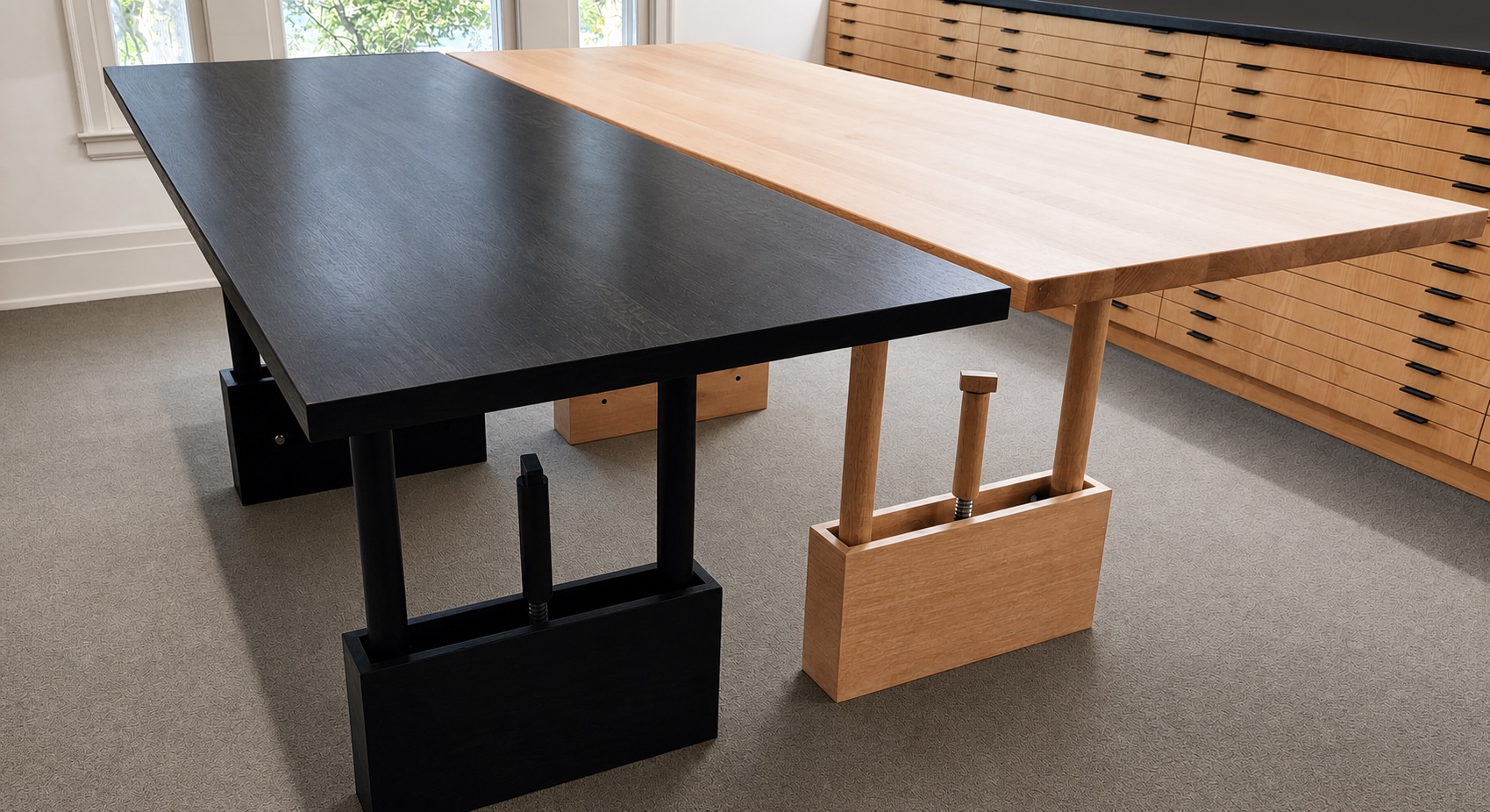 Paired black and natural TableRaise tables viewed at an angle